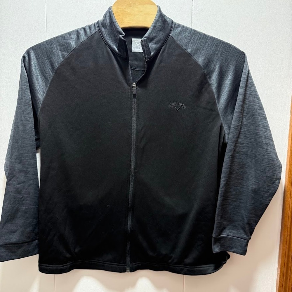 Callaway Mens Full Zip Golf Jacket Black Heathered Grey Raglan Mock Neck Large